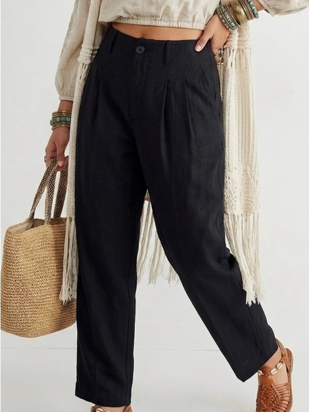 Madewell High-Rise Pleated Tapered Crepe Pants Black 4T